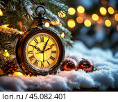 The clock is counting down the last moment of the outgoing old year. There is little time left until the New Year. Is everything ready to celebrate the New Year? Стоковое AI-изображение, AI-художник Сергей Елизарьев / Фотобанк Лори