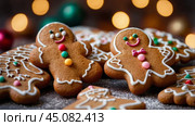 Colorful Christmas gingerbread cookies. Close-up, blurred background with twinkling lights. Стоковое AI-изображение, AI-художник Сергей Елизарьев / Фотобанк Лори