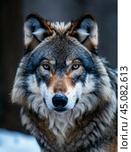 The wolf, or gray wolf, or common wolf (Latin: Canis lupus), is a species of predatory mammal from the canine family (Canidae). Стоковое AI-изображение, AI-художник Сергей Елизарьев / Фотобанк Лори