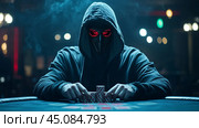 A mysterious figure with glowing red eyes plays poker in a dimly lit casino during a high-stakes night game. Стоковое AI-изображение, AI-художник Сергей Толмачёв / Фотобанк Лори