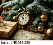The clock is counting down the last hours of the outgoing old year. There are presents and a greeting card under the tree. There is very little time left until the New Year. Is everything ready to celebrate the New Year? New Year's cardeady to celebrate the New Year? Стоковое AI-изображение, AI-художник Сергей Елизарьев / Фотобанк Лори