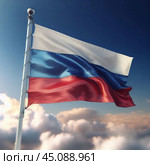 Флаг России флаг, развевающийся, триколор, россия, российская, федерация, символ, государство, белый, синий, красный, цвета государственный, национальный, официальный, флаг, символ, россия, рф, российский, федерация, триколор, трехцветный, красный, синий, белый, трехполосный, полотнище, полощется, развеваться, развевается, флагшток, голубой, небо, облака, солнечный, день. Стоковое AI-изображение, AI-художник Ефимчик Елена Николаевна / Фотобанк Лори