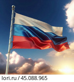 Флаг России флаг, развевающийся, триколор, россия, российская, федерация, символ, государство, белый, синий, красный, цвета государственный, национальный, официальный, флаг, символ, россия, рф, российский, федерация, триколор, трехцветный, красный, синий, белый, трехполосный, полотнище, полощется, развеваться, развевается, флагшток, голубой, небо, облака, солнечный, день. Стоковое AI-изображение, AI-художник Ефимчик Елена Николаевна / Фотобанк Лори