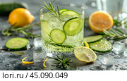 Refreshing Glass of Water With Cucumbers and Lemons. Стоковое AI-изображение, AI-художник Юлия Гапеенко / Фотобанк Лори