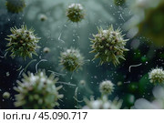 Virus particles floating through air spreading infection. Стоковое AI-изображение, AI-художник Иван Рябоконь / Фотобанк Лори