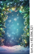 A luminous neon mock-up frame, fluffy Christmas tree branches around , sun rays, floating luminous particles and snow, an empty place to copy, a composition for a banner. Стоковое AI-видео, аниматор Терехова Марина / Фотобанк Лори