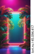 A glowing neon frame around beautiful big palm leaves, sun rays, floating luminous particles, an empty place to copy, a composition for a banner. Стоковое AI-видео, аниматор Терехова Марина / Фотобанк Лори