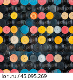 Colorful collection of vinyl records arranged artistically in a vibrant display. Стоковое AI-изображение, AI-художник Юлия Гапеенко / Фотобанк Лори