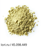 A pile of greenish powder placed on a white background. The texture of the powder is loose, with lumps of different sizes. The powder can be associated with natural products such as spices, herbal mixtures, cosmetics or food supplements. The white background emphasizes the color and texture of the material, creating a clean and minimalistic look. Стоковое AI-изображение, AI-художник Анна Кривицкая / Фотобанк Лори