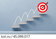 Wooden ladder and arrow moving step by step towards goal. Business goal achievement step by step. Wooden cubes representing work process management and target icon. Стоковое фото, фотограф Павел Муравьев / Фотобанк Лори
