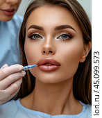 A cosmetologist injects fillers into the lips of a beautiful girl. Using hyaluronic acid based fillers. Injection cosmetology. Стоковое AI-изображение, AI-художник Сергей Елизарьев / Фотобанк Лори
