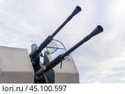Double-barreled naval automatic cannon against the sky close-up. Стоковое фото, фотограф Евгений Харитонов / Фотобанк Лори