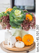 Still-life. A bouquet of decorative cabbage in a vase, pumpkins and white houses on the table in the interior of a home kitchen. A cozy autumn concept. Стоковое фото, фотограф Photojuli / Фотобанк Лори