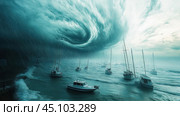 Boats trying to survive a gigantic hurricane approaching the coast. Стоковое AI-изображение, AI-художник Юрий Поздников / Фотобанк Лори