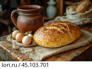 Натюрморт с домашним хлебом, вареными яйцами и крынкой молока. Стоковое AI-изображение, AI-художник Щеголева Ольга / Фотобанк Лори