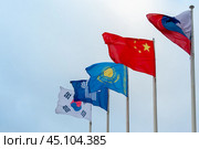 View on the flags of China, Kazakhstan, South Korea, Russia and Commonwealth of Independent States on the background of cloudy sky. Стоковое фото, фотограф Михаил Строгалев / Фотобанк Лори