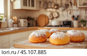 Delicious donuts covered in powdered sugar sitting on wooden cutting board in kitchen. Стоковое AI-изображение, AI-художник Юрий Поздников / Фотобанк Лори