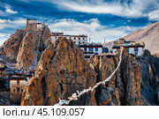 Dhankar gompa Tibetan Buddhist monastery and prayer flags lungta (2012 год). Стоковое фото, фотограф Дмитрий Рухленко / Фотобанк Лори