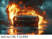 A burning car surrounded by thick black smoke, the fire engulfing the entire car. Night or evening time enhances the drama of the scene - the blazing fire contrasts vividly with the dark background. The reflection of the flames on the wet road creates an even more tense atmosphere, perhaps after an accident or disaster. This shot conveys dynamism and destruction, suitable for action, emergency, accident or disaster films. Стоковое AI-изображение, AI-художник Анна Кривицкая / Фотобанк Лори