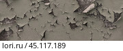 Peeling paint on the wall. Panorama of a concrete wall with old cracked flaking paint. Weathered rough painted surface with patterns of cracks and peeling. Wide panoramic grungy texture for background. Стоковое фото, фотограф Андрей Степанов / Фотобанк Лори