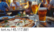 Table in a cafe set with pizza and glasses of beer. Стоковое AI-изображение, AI-художник Anastacia Gaikova / Фотобанк Лори