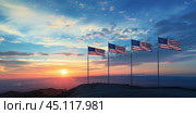 USA flags on a hill during sunset  with a vibrant sky in the background. Стоковое AI-изображение, AI-художник Anastacia Gaikova / Фотобанк Лори