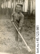 Мальчик окучивает кусты картофеля в поле. 1920-1930 г.г. Стоковое фото, фотограф Retro / Фотобанк Лори