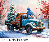 A cheerful snowman brought a New Year tree on a truck. Festive New Year atmosphere. New Year's card. Стоковое AI-изображение, AI-художник Сергей Елизарьев / Фотобанк Лори