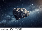 Giant asteroid floating in space near earth threatening civilization. Стоковое AI-изображение, AI-художник Иван Рябоконь / Фотобанк Лори