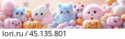 Adorable pastel plushies and pumpkins create a whimsical and cozy atmosphere, AI. Стоковое AI-изображение, AI-художник Сергей Старуш / Фотобанк Лори