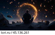 A person sits on rocky terrain, gazing at a glowing cosmic portal surrounded by floating asteroids during a tranquil evening. Стоковое AI-изображение, AI-художник Сергей Толмачёв / Фотобанк Лори