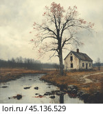 An old house on the bank of a small pond. Next to the house grows a tall tree with fallen leaves, some of which are still clinging to the branches. The water is calm, reflecting the gray sky, creating an atmosphere of autumn melancholy. In the distance, a forest without leaves is visible, emphasizing the abandonment and solitude of the place. This rural landscape evokes a feeling of calm and thoughtfulness. Стоковое AI-изображение, AI-художник Анна Кривицкая / Фотобанк Лори