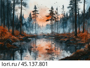 Autumn forest landscape with a lake in the center. The water in the lake reflects the trees and the sky, painted in orange-pink tones of the sunset. The forest is shrouded in light fog, creating an atmosphere of mystery and peace. Orange and reddish foliage in the foreground emphasizes the autumn mood. Стоковое AI-изображение, AI-художник Анна Кривицкая / Фотобанк Лори