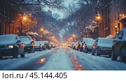 It's snowing outside. Snow-covered street in city with cars, winter cityscape, urban planning, automotive industry. Стоковое AI-видео, аниматор Ирина Михайличенко / Фотобанк Лори