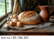 Натюрморт с домашним хлебом, вареными яйцами и крынкой молока. Стоковое AI-изображение, AI-художник Щеголева Ольга / Фотобанк Лори