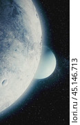 Turquoise planet orbiting behind a cratered white planet. Стоковое видео, видеограф Данил Руденко / Фотобанк Лори