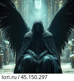 A dark and majestic figure with large black wings, sitting in a dark hall on a throne. The figure is wrapped in a long hooded cloak, and his face is hidden in shadow, which gives him a mysterious and sinister character. The light softly penetrates through the windows, emphasizing the details of his costume and wings. The atmosphere of the scene is filled with a sense of power, mysticism and darkness. The photo is ideal for use in projects related to themes of fantasy, dark magic, supernatural forces and dark myths. Стоковое AI-изображение, AI-художник Анна Кривицкая / Фотобанк Лори