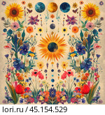 A bright and symmetrical composition of many flowering plants, solar and lunar phases, and symbols of nature. In the center is a large sun surrounded by a variety of flowers, such as sunflowers, irises, poppies, tulips, and others. The phases of the moon are smoothly distributed throughout the composition, adding mystical and natural symbolism. The bright and saturated colors of the flowers create an atmosphere of harmony, life, and the cyclicality of nature. The image is made in a bohemian style with elements of nature and space, ideal for use in design, decorative projects, and nature themes. Стоковое AI-изображение, AI-художник Анна Кривицкая / Фотобанк Лори