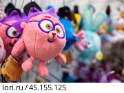 Мягкая игрушка Ёжик и другие персонажи из мультфильма Смешарики в магазине (2024 год). Редакционное фото, фотограф Яна Проничева / Фотобанк Лори