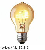 Bright light bulb glowing with filament illuminated on white background. Стоковое AI-изображение, AI-художник Иван Рябоконь / Фотобанк Лори