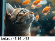 A close-up of a curious cat watching fish intently in an aquarium. The bright orange fish are swimming next to the clear glass, and the cat is staring at them, expressing interest and hunting instinct. The background is blurred, which emphasizes the focus on the cat and the fish. The scene looks lively and dynamic, conveying the harmony of nature and home comfort. This photo is suitable for use in themes about pets, aquariums, illustrations about curiosity and animal interaction. Стоковое AI-изображение, AI-художник Анна Кривицкая / Фотобанк Лори