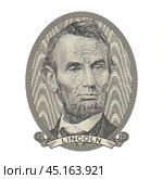 Vector high pixel mosaic portrait of the 16th US President Abraham Lincoln in an oval and with a ribbon. Sticker or badge. White isolated background. Стоковая иллюстрация, иллюстратор GAlexS / Фотобанк Лори