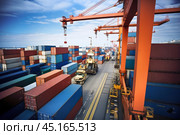 A view of industrial cranes and shipping containers at a busy cargo port, illustrating the global flow of goods and commerce. Стоковое AI-изображение, AI-художник Михаил Строгалев / Фотобанк Лори