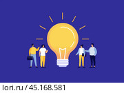Bright light bulb with rays shines for people. Symbol of new constructive ideas and inventions. Creative thinking sign. Flat vector illustration on isolated blue background. Стоковая иллюстрация, иллюстратор KOSIM / Фотобанк Лори
