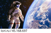 Astronaut wearing space suit performing spacewalk over earth. Стоковое AI-изображение, AI-художник Юрий Поздников / Фотобанк Лори