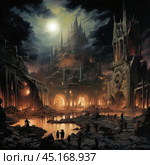 A dark fantasy city or castle with tall gothic spires rising in the night sky. The majestic structure is illuminated by the moon and lights, creating an atmosphere of mysticism and antiquity. In the foreground are ruins and figures of people exploring this mysterious world. Dark clouds in the sky and reflections of fire in the water enhance the dramatic effect of the scene. This shot is reminiscent of a post-apocalyptic or fantasy story, filled with an atmosphere of mystery and epicness. Стоковое AI-изображение, AI-художник Анна Кривицкая / Фотобанк Лори