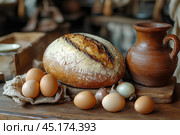 Натюрморт с домашним хлебом, вареными яйцами и крынкой молока. Стоковое AI-изображение, AI-художник Щеголева Ольга / Фотобанк Лори