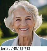 Sophisticated smiling older French woman in the open air. Demeanor reveals a lifetime of experiences and reflections, embodying grace and wisdom. Well-groomed woman 70 years old with grey hair. AI. Стоковое AI-изображение, AI-художник Юлия Петровская / Фотобанк Лори