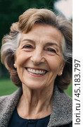 Sophisticated smiling older French woman in the open air. Demeanor reveals a lifetime of experiences and reflections, embodying grace and wisdom. Well-groomed woman 70 years old with grey hair. AI. Стоковое AI-изображение, AI-художник Юлия Петровская / Фотобанк Лори