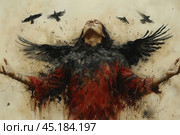 A dynamic and symbolic scene where a man in a red shirt with his arms outstretched seems to gain wings of black feathers. These wings seem to be part of the man, symbolizing freedom, transformation or connection with dark forces. Crows circle around him, enhancing the atmosphere of mysticism and drama. The image is imbued with emotional energy and can be interpreted as a symbol of rebirth, inner strength or interaction with nature. The colors red and black dominate, creating a contrast between life and death, struggle and liberation. Стоковое AI-изображение, AI-художник Анна Кривицкая / Фотобанк Лори